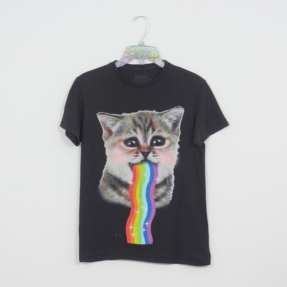 Spencer's Tops - Spencer's Cat Vomiting Rainbow Graphic tee